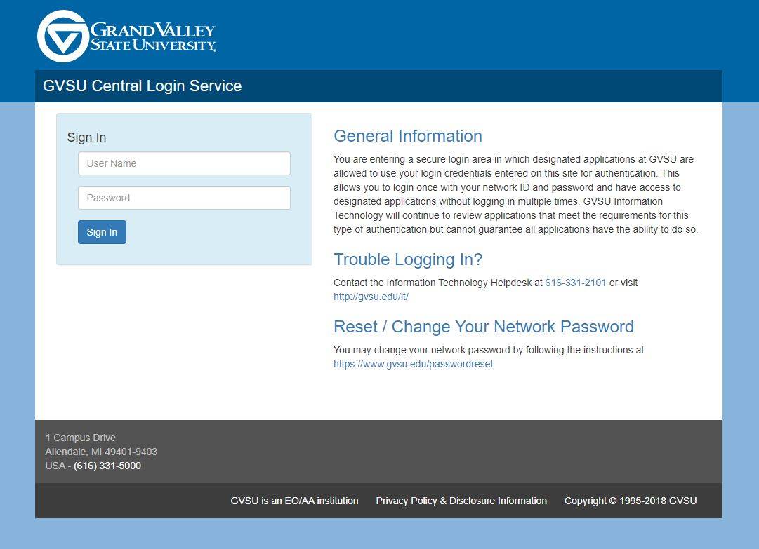 GVSU central login service sign-in page to Network Auth